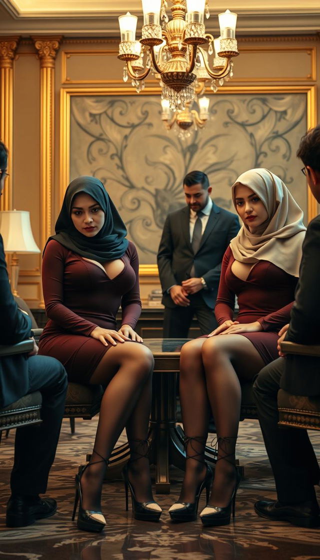 Two high-class Arab hijab secretaries, both 40 years old, with white skin and curvaceous, busty bodies