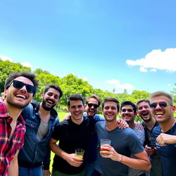 A joyful gathering of friends, featuring a diverse group of men laughing and enjoying their time together in a vibrant outdoor setting