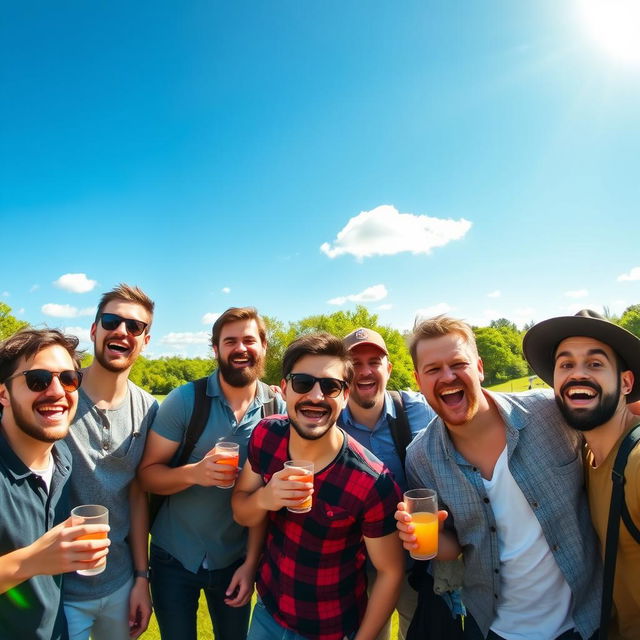 A joyful gathering of friends, featuring a diverse group of men laughing and enjoying their time together in a vibrant outdoor setting