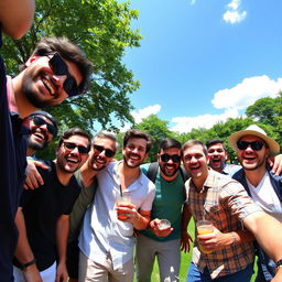 A joyful gathering of friends, featuring a diverse group of men laughing and enjoying their time together in a vibrant outdoor setting