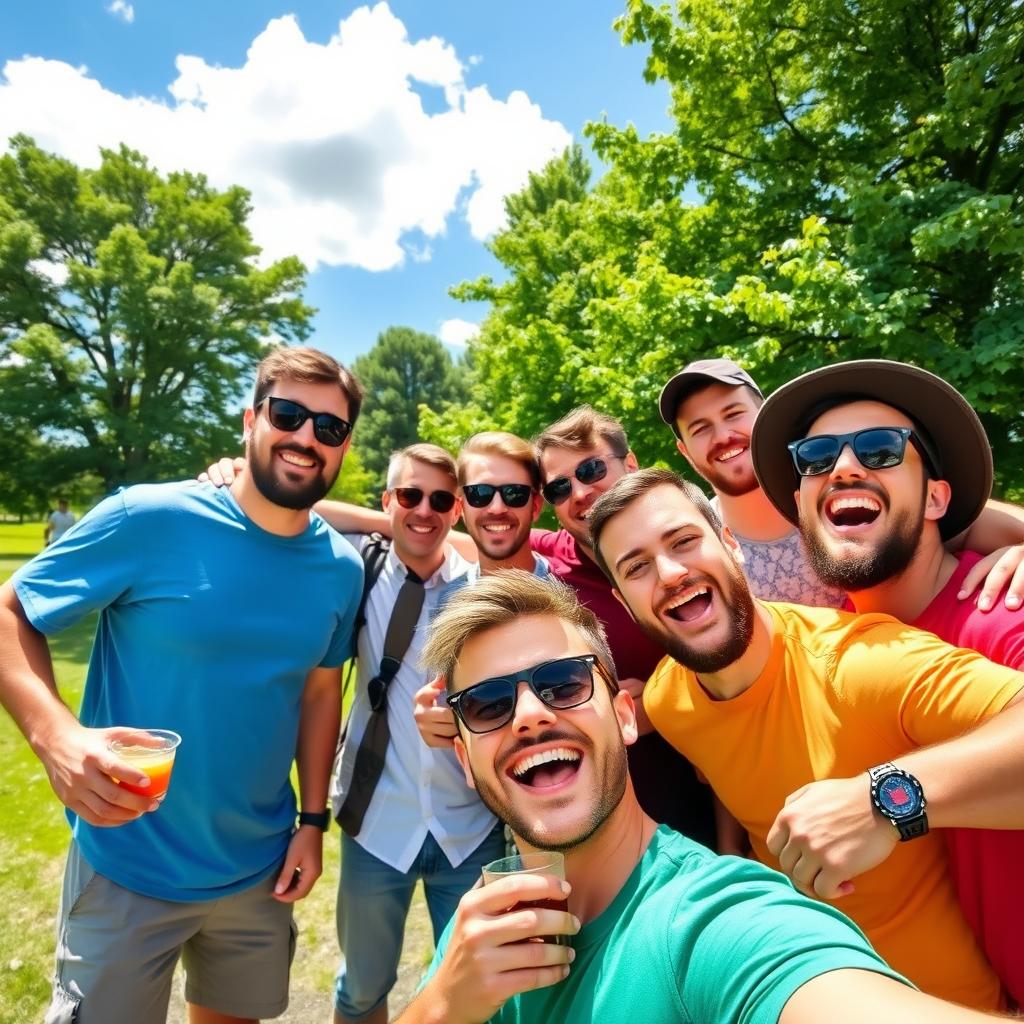 A joyful gathering of friends, featuring a diverse group of men laughing and enjoying their time together in a vibrant outdoor setting