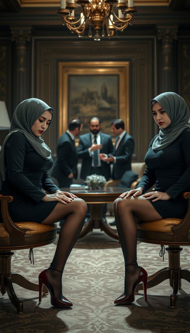 Two high-class Arab hijab secretaries, both 40 years old, with white skin and curvy, busty bodies