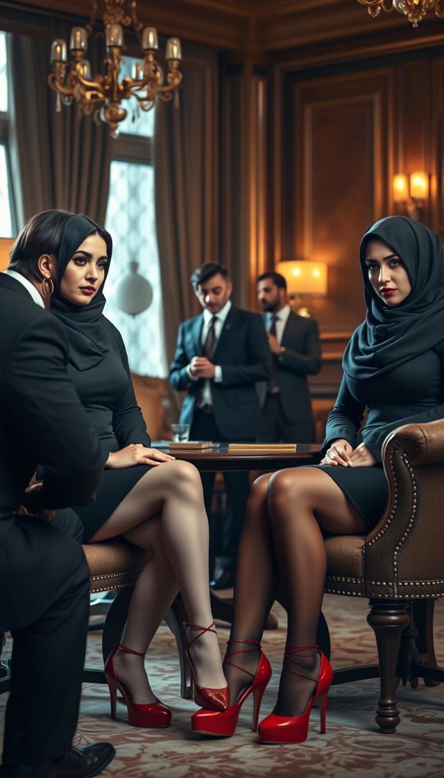 Two high-class Arab hijab secretaries, both 40 years old, with white skin and voluptuous, busty figures