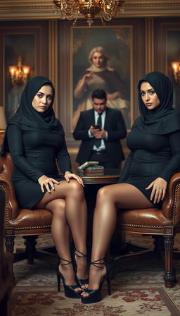 Two high-class Arab hijab secretaries, both 40 years old, with white skin and voluptuous, busty figures