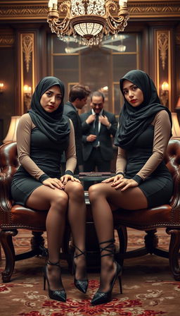 Two high-class Arab hijab secretaries, both 40 years old, with white skin and voluptuous, busty figures