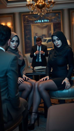Two high-class Arab hijab secretaries, both 40 years old, with white skin and voluptuous, busty figures