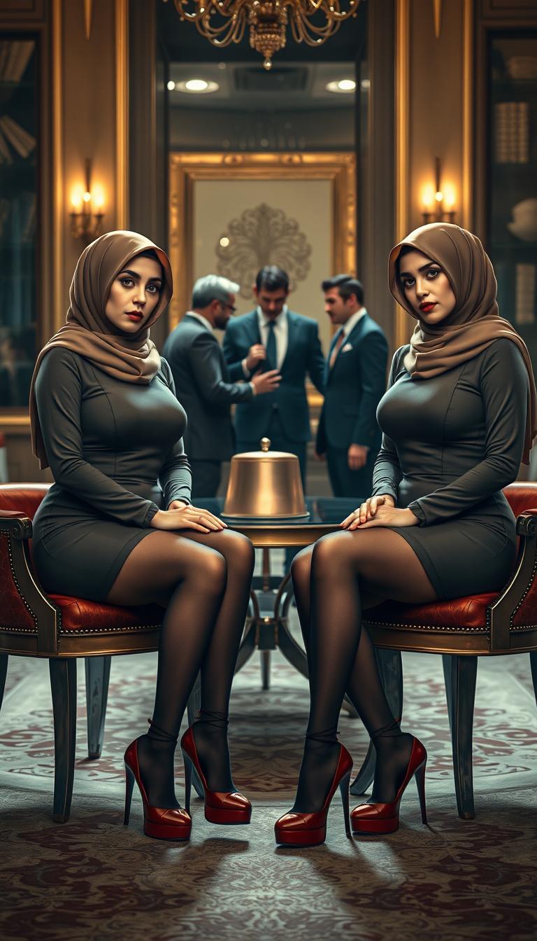 Two high-class Arab hijab secretaries, both 40 years old, with white skin and voluptuous, busty figures