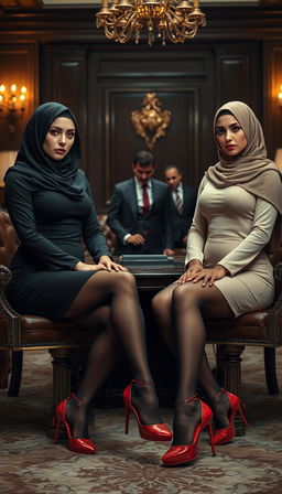 Two high-class Arab hijab secretaries, both 40 years old, with white skin and voluptuous, busty figures