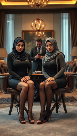 Two high-class Arab hijab secretaries, both 40 years old, with white skin and voluptuous, busty figures