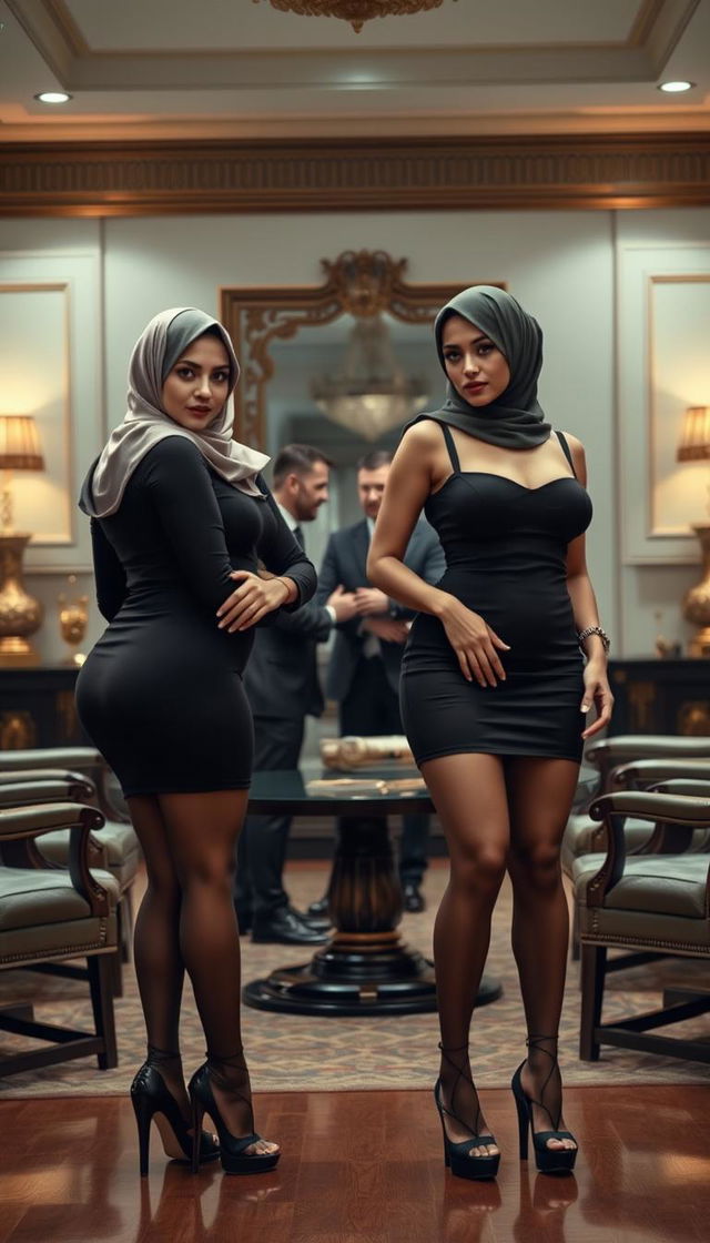 Two high-class Arab hijab secretaries, both 40 years old, with white skin and voluptuous bodies, dressed in elegant mini tight short dresses that emphasize their curves