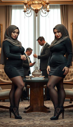 Two high-class Arab hijab secretaries, both 40 years old, with white skin and voluptuous bodies, dressed in elegant mini tight short dresses that emphasize their curves