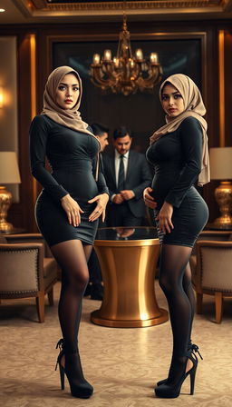 Two high-class Arab hijab secretaries, both 40 years old, with white skin and voluptuous bodies, dressed in elegant mini tight short dresses that emphasize their curves