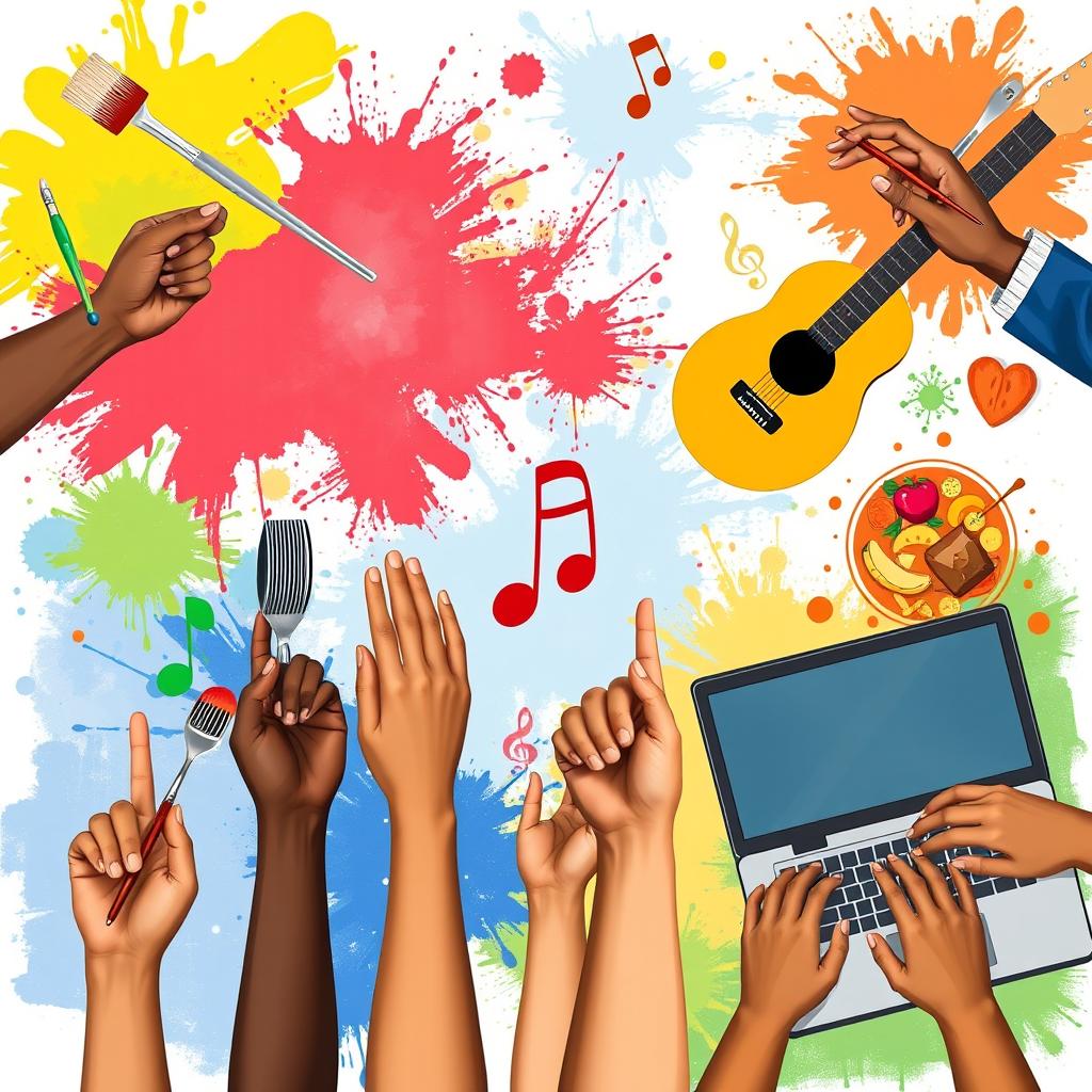 A collection of hands showcasing various skills, including painting with a brush, playing a musical instrument like a guitar, cooking with utensils, and typing on a laptop