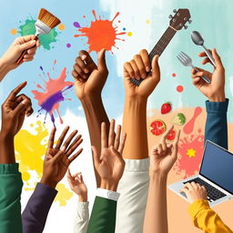 A collection of hands showcasing various skills, including painting with a brush, playing a musical instrument like a guitar, cooking with utensils, and typing on a laptop