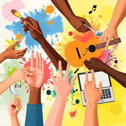 A collection of hands showcasing various skills, including painting with a brush, playing a musical instrument like a guitar, cooking with utensils, and typing on a laptop