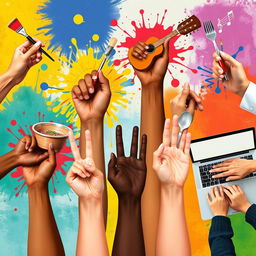 A collection of hands showcasing various skills, including painting with a brush, playing a musical instrument like a guitar, cooking with utensils, and typing on a laptop