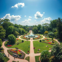 A vibrant and lush circular green park filled with various types of trees and colorful flower gardens