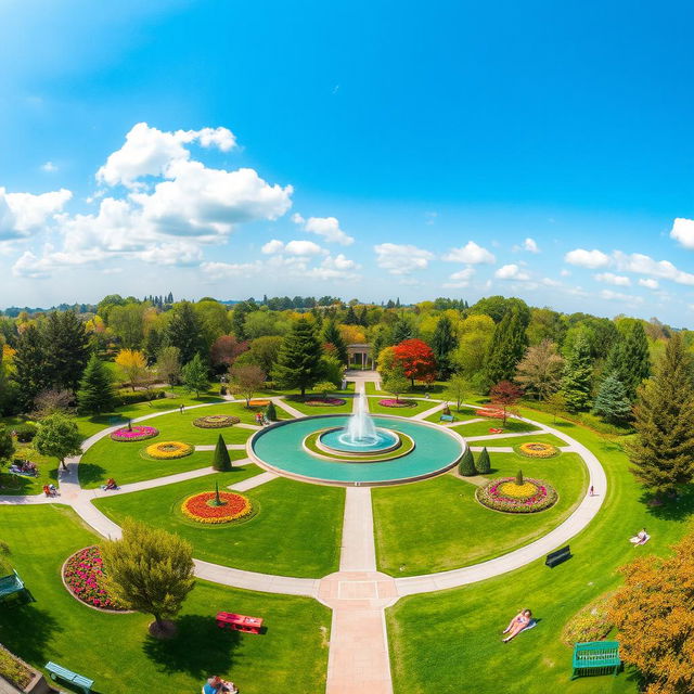 A vibrant and lush circular green park filled with various types of trees and colorful flower gardens