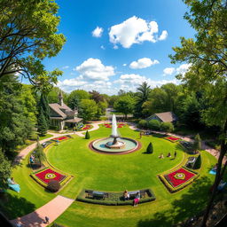 A vibrant and lush circular green park filled with various types of trees and colorful flower gardens