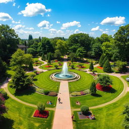 A vibrant and lush circular green park filled with various types of trees and colorful flower gardens