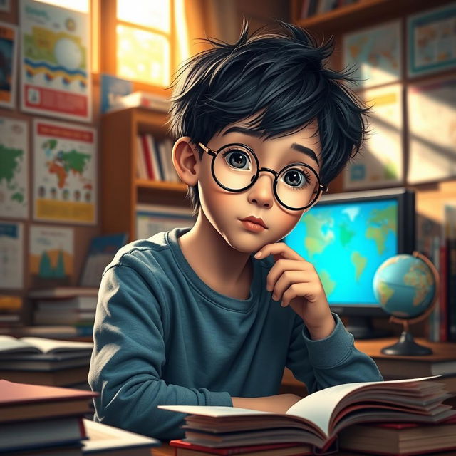 A smart young boy, deep in thought, surrounded by books and a glowing computer screen in a cozy study