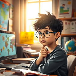 A smart young boy, deep in thought, surrounded by books and a glowing computer screen in a cozy study