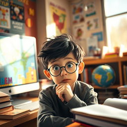A smart young boy, deep in thought, surrounded by books and a glowing computer screen in a cozy study