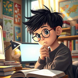 A smart young boy, deep in thought, surrounded by books and a glowing computer screen in a cozy study
