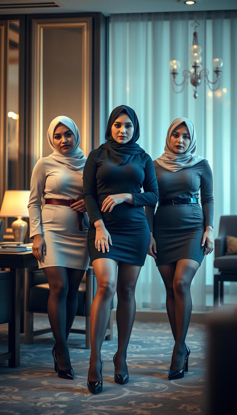 Three high-class Arab hijab secretaries, all 40 years old, with white skin and voluptuous bodies, dressed in chic mini tight short dresses that highlight their figures