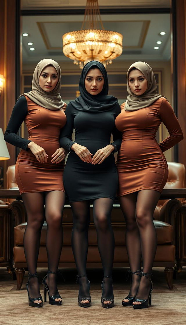 Three high-class Arab hijab secretaries, all 40 years old, with white skin and voluptuous bodies, dressed in chic mini tight short dresses that highlight their figures