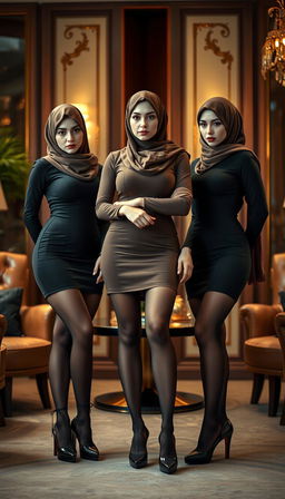 Three high-class Arab hijab secretaries, all 40 years old, with white skin and voluptuous bodies, dressed in chic mini tight short dresses that highlight their figures