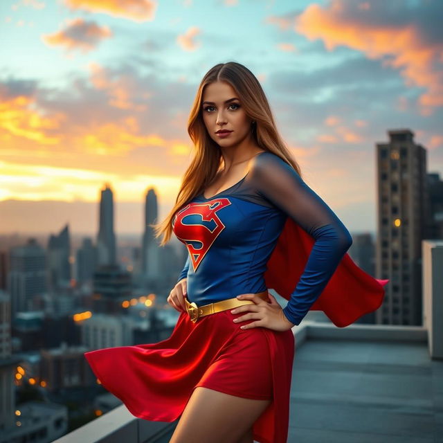 A voluptuous busty woman dressed in a vibrant Supergirl costume, with the iconic blue top and red skirt, standing confidently on a city rooftop