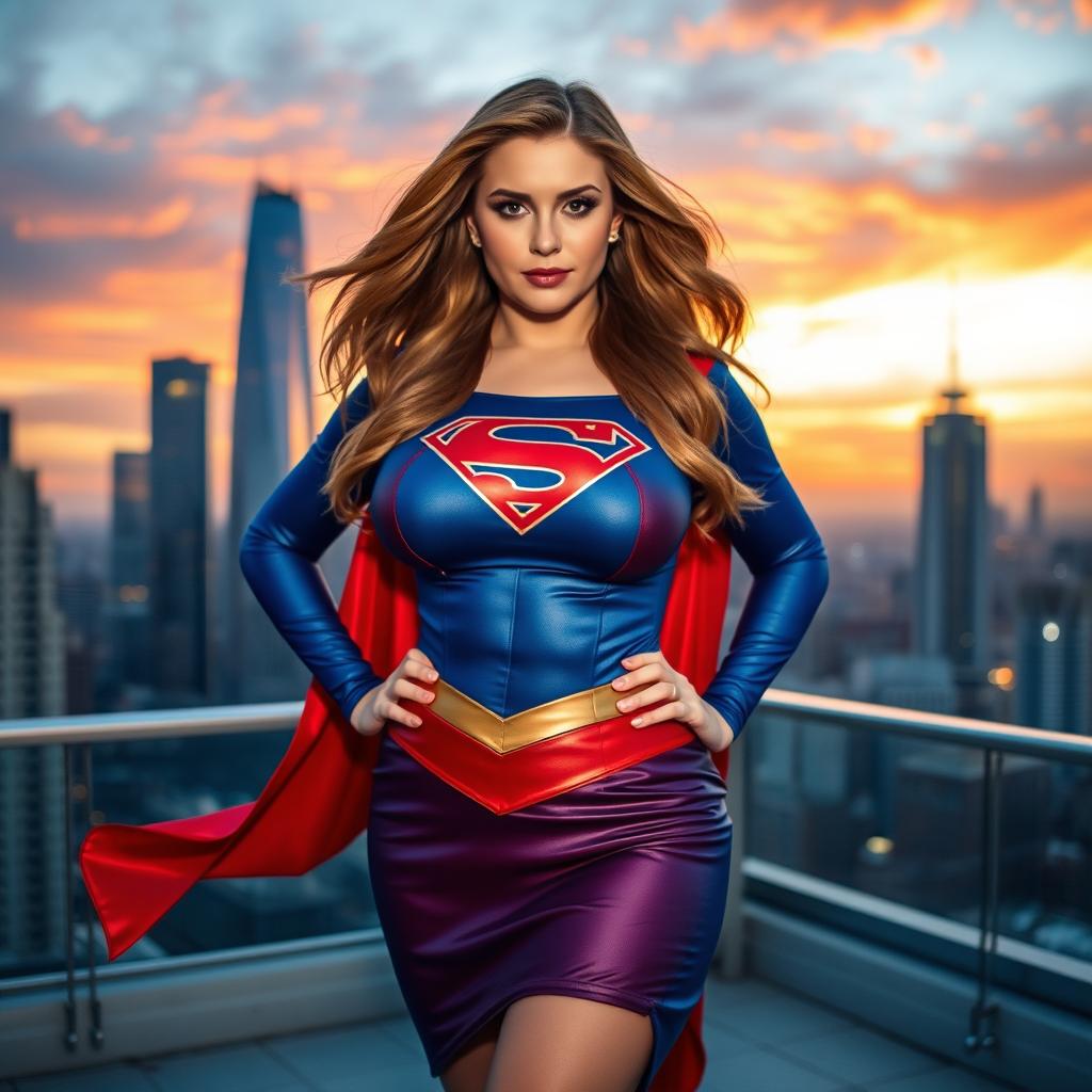 A voluptuous busty woman dressed in a vibrant Supergirl costume, with the iconic blue top and red skirt, standing confidently on a city rooftop