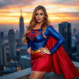 A voluptuous busty woman dressed in a vibrant Supergirl costume, with the iconic blue top and red skirt, standing confidently on a city rooftop