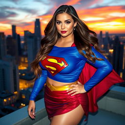 A voluptuous busty woman dressed in a vibrant Supergirl costume, with the iconic blue top and red skirt, standing confidently on a city rooftop