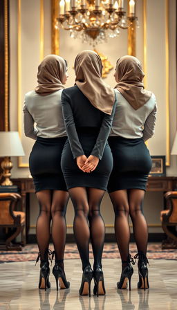 Three high-class Arab hijab secretaries, all 40 years old, with white skin and voluptuous bodies, showcased from a back view