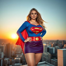 A voluptuous busty woman wearing a bright blue Supergirl costume complete with a red miniskirt and cape, standing confidently on a city rooftop