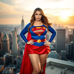 A voluptuous busty woman wearing a bright blue Supergirl costume complete with a red miniskirt and cape, standing confidently on a city rooftop
