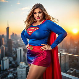 A voluptuous busty woman wearing a bright blue Supergirl costume complete with a red miniskirt and cape, standing confidently on a city rooftop