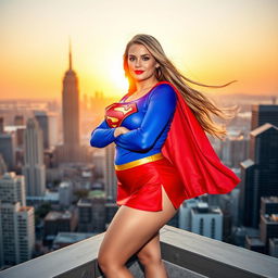 A voluptuous busty woman wearing a bright blue Supergirl costume complete with a red miniskirt and cape, standing confidently on a city rooftop