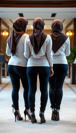 Three high-class Arab hijab secretaries, all 40 years old, with white skin and voluptuous bodies, depicted from a back view