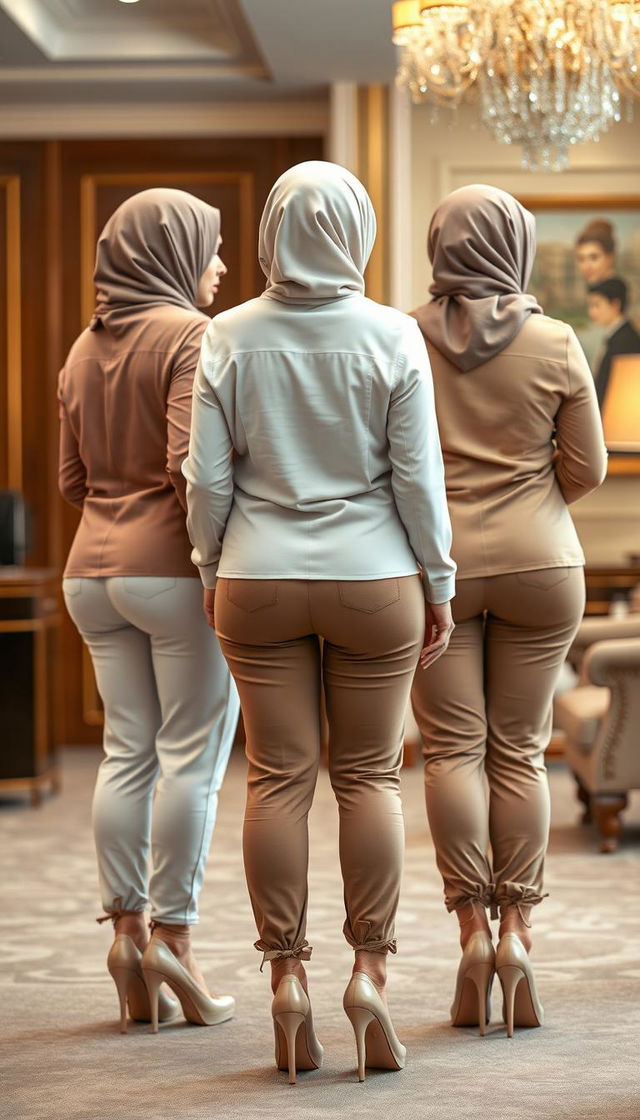 Three high-class Arab hijab secretaries, all 40 years old, with white skin and voluptuous bodies, depicted from a back view