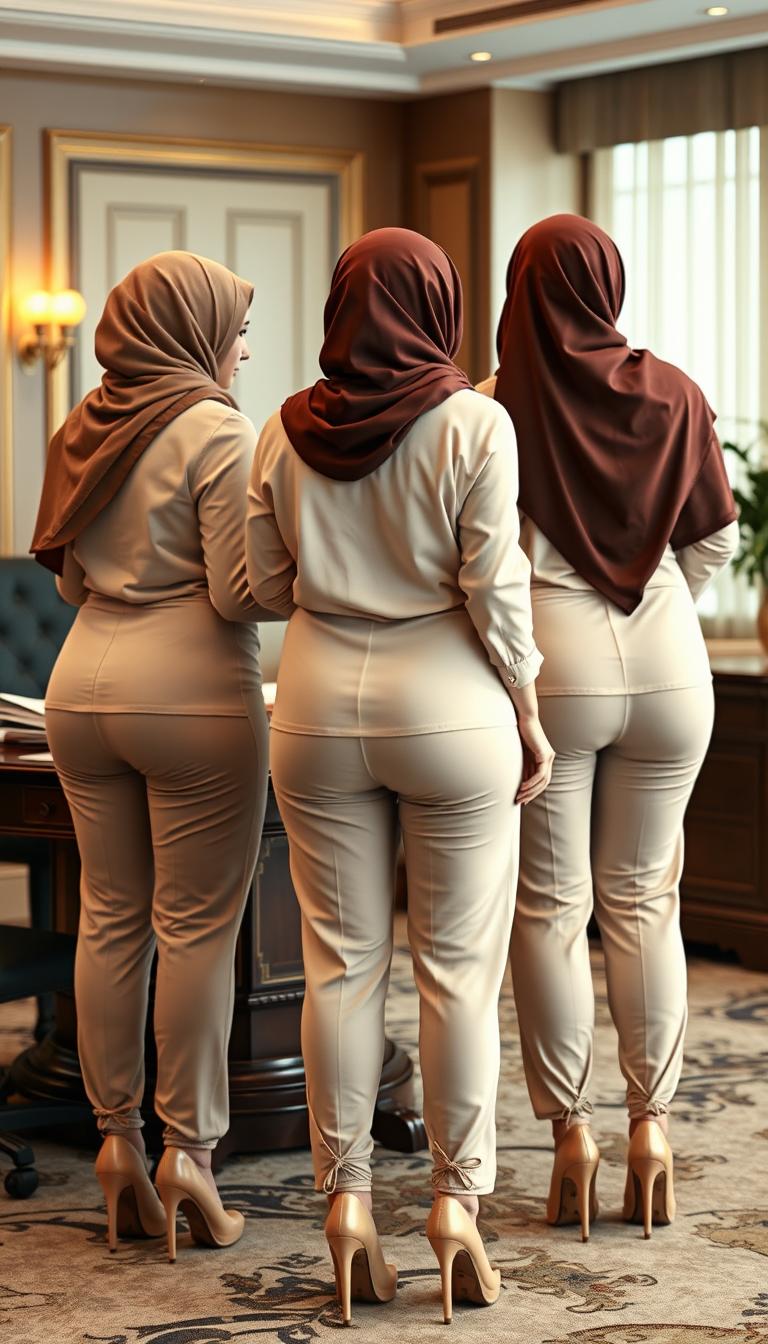 Three high-class Arab hijab secretaries, all 40 years old, with white skin and voluptuous bodies, depicted from a back view