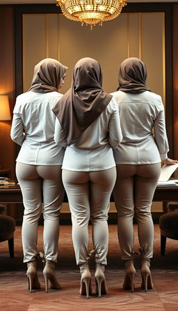 Three high-class Arab hijab secretaries, all 40 years old, with white skin and voluptuous bodies, depicted from a back view