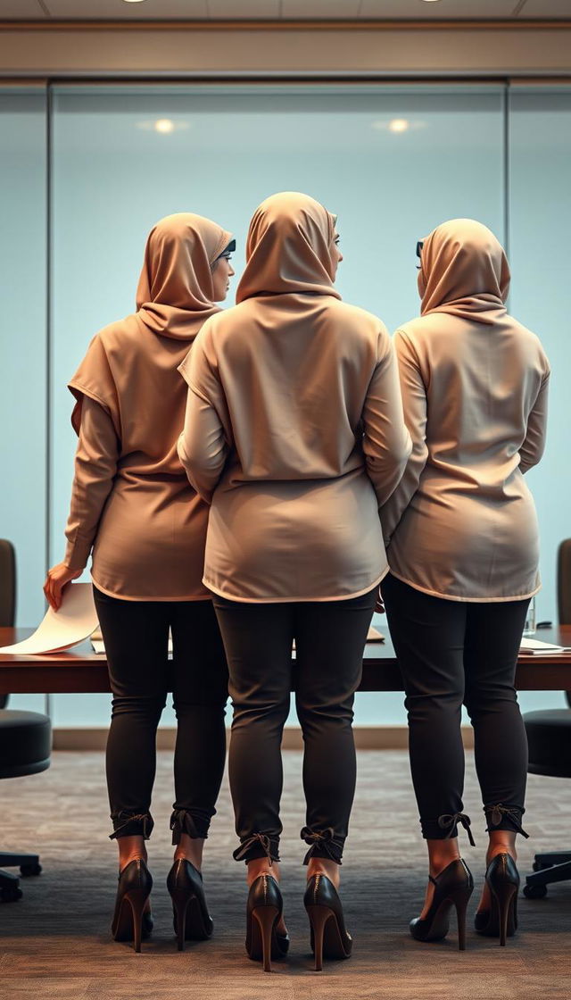 Three high-class Arab hijab secretaries, all 40 years old with white skin and voluptuous bodies, depicted from a back view