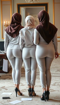 Three high-class Arab hijab secretaries, all 40 years old with white skin and voluptuous bodies, depicted from a back view