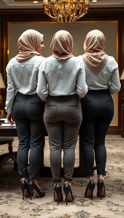 Three high-class Arab hijab secretaries, all 40 years old with white skin and voluptuous bodies, depicted from a back view