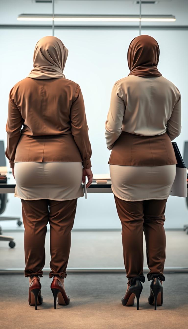 Two high-class Arab hijab secretaries, both 40 years old, with white skin and voluptuous bodies, depicted from a back view