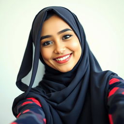 A young woman wearing a stylish hijab, posing for a selfie