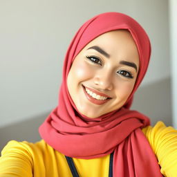 A young woman wearing a stylish hijab, posing for a selfie